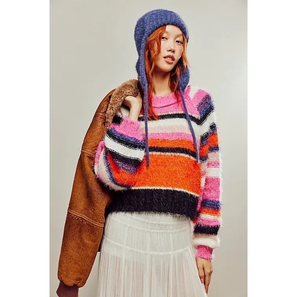 Free People Sweater Womensโ M Multi Stripe Fuzzy Balloon Sleeve Knit Pullover